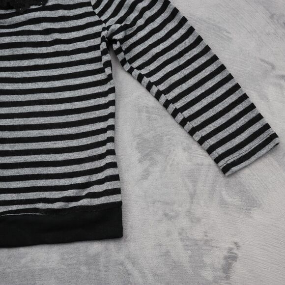 Areve Sweater Womens L Black Gray Cardigan Long Sleeve Stripe Button Knit Lace - Picture 16 of 16
